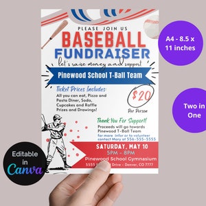 Puede incluir: Un folleto de recaudación de fondos de béisbol en rojo, blanco y azul. El folleto dice "Por favor, únase a nosotros Baseball Fundraiser" y "Reunamos dinero y apoyemos al equipo de T-Ball de la escuela Pinewood". El folleto también incluye un precio de entrada de 20 € por persona y detalles sobre el evento, que se celebrará el sábado 10 de mayo de 17:00 a 20:00 en el gimnasio de la escuela Pinewood. El folleto mide 21,6 cm por 27,9 cm.