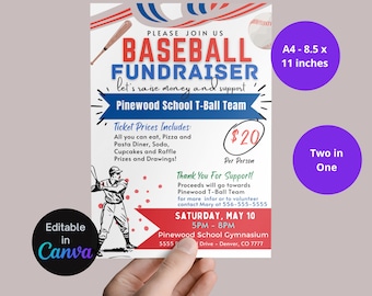 EDITABLE Baseball Fundraiser Flyer, School Benefit Poster, School Benefit Fundraiser Event Poster Digital, Charity Non Profit Event Poster.