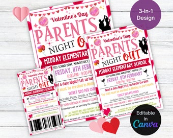 EDITABLE Valentine's Day Parents Night Out Flyer, Parents night out fundraiser flyer, Printable PTA/PTO, School Family Fundraiser Event