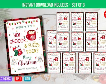 EDITABLE Hot Chocs & Fuzzy Socks Tag, Christmas Gift Tag, Hot Chocolate Printable Tag, Holiday Party Favor Tag Instant Download