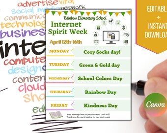 Internet Spirit Week Editable Itinerary Schedule | Printable DIY Spirit Week | School PTO/ PTA  Monthly Planner Flyer Instant Download