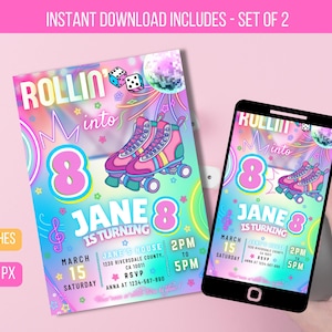 Puede incluir: Un conjunto de dos invitaciones imprimibles para una fiesta de cumpleaños de 8 años. Las invitaciones presentan un fondo de arcoíris con un texto "Rollin' into 8" rosa neón y azul, un par de patines y una bola de discoteca. Las invitaciones miden 5,8 x 8,3 pulgadas y son de 1080 x 1920 píxeles.