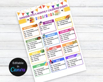 May include: A printable calendar for school events, with a colorful design and illustrations. The calendar is for the 2022-2023 school year and includes events such as the first day of school, PTO meetings, fall festivals, and picture day.