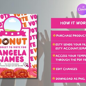 May include: Pink and orange donut themed campaign poster with the text "DONUT FORGET TO VOTE FOR ANGELA JAMES". The poster has a white background with the word "VOTE" repeated in a pattern. The poster also includes a contact number for more information.