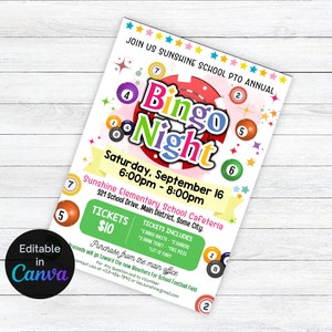 May include: A colorful flyer for a Bingo Night fundraiser at Sunshine Elementary School. The flyer features a bingo card with numbers 1-7, a starburst design, and the text "Bingo Night" in a large, bold font. The event is scheduled for Saturday, September 16th from 6:00pm to 8:00pm at the school cafeteria. Tickets are $10 and include a bingo sheet, a drink ticket, free pizza, and "lots of fun".