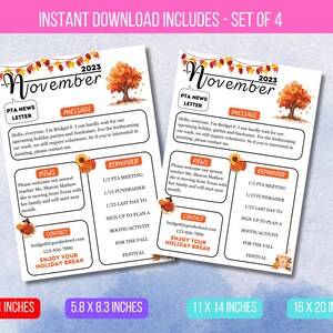 Plantilla editable de boletín de noviembre, folleto imprimible para el aula, folleto de la PTO/PTA, folleto de eventos escolares, descarga instantánea