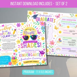 Op de afbeelding: Set van twee kleurrijke programma's voor de kleuterschool afstudeerceremonie. De programma's bevatten bloemmotieven, tekst met de tekst "Goodbye to our special class" en "Our future is so bright, we gotta wear shades!". De programma's zijn 28 x 22 cm groot.