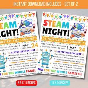 EDITABLE Family Steam Night Flyer, School PTA PTO Flyer, Community Church Fundraiser, Math Science Tech Educational Event Poster, Printable