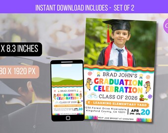 EDITABLE Kids Graduation Party Photo Invitation, Colorful Graduation Card, Graduation Announcement, Class Graduation Instant Download