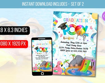 BEWERKBARE uitnodiging afstuderen Pool Party Bash, Graduation Party voor meisjes en jongens, Summer Pool Splash Celebration digitale Instant Download