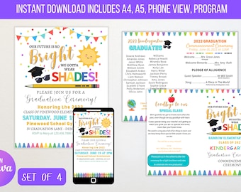 Graduation Set Future is So Bright, Evite, Invite Printable Kindergarten Preschool Any Age Grad School Ceremony Program Diploma, EDITABLE