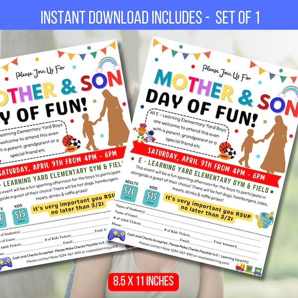 EDITABLE Mother and Son Day of Fun, School Sport Day Event Invite, Family Game Night Fundraiser, PTO PTA Instant Download