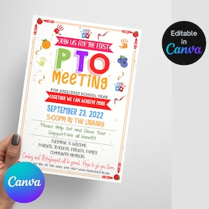 Puede incluir: Un folleto colorido que anuncia una reunión de la PTO para el año escolar 2022-2023. La reunión se llevará a cabo el 23 de septiembre de 2022 a las 5:00 PM en la biblioteca. El folleto presenta huellas de manos, crayones y otros gráficos con temas escolares.