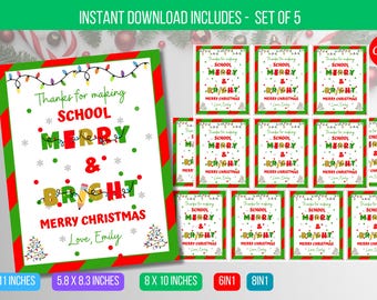Etiqueta navideña editable con mensaje alegre y brillante para maestros, regalo navideño para el aula de maestros y estudiantes, etiquetas de regalo navideñas, descarga instantánea