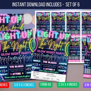 Könnte beinhalten: Ein Set aus sechs digitalen Glow-Night-Party-Einladungen. Das Design zeigt den Text "LIGHT UP The Night" in Neonfarben, mit Veranstaltungsdetails und einer Silhouette von tanzenden Personen. Enthält verschiedene Größen: 21,6 x 27,9 cm, 14,7 x 21,1 cm und mehr.