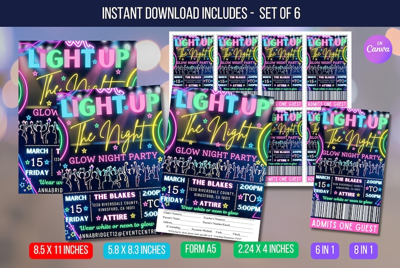 EDITABLE Light up the Night Glow Dance Invitation Flyer With Invitation ...