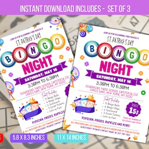 Op de afbeelding: Set van drie Bingo Night flyers voor St. Patrick's Day, met kleurrijke tekst en afbeeldingen. Het ontwerp bevat de woorden "Bingo Night" in grote letters, evenementdetails en ticketinformatie. De flyers zijn beschikbaar in formaten van 21,6 x 27,9 cm, 14,7 x 21,1 cm en 27,9 x 35,6 cm.