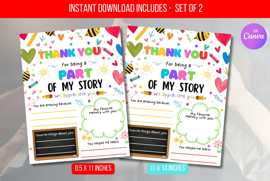 EDITABLE Thank You for Being Part of My Story Template, Teacher ...