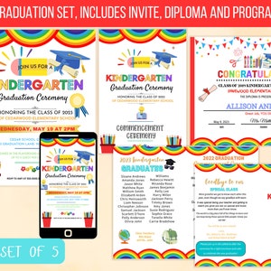 May include: A set of five printable graduation cards for kindergarten students. The cards feature a rainbow design with a graduation cap, pencils, and a book. The text on the cards includes "Kindergarten Graduation Ceremony", "Congratulations!" and "Goodbye to our Special Class".
