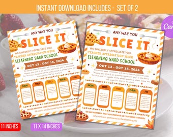 EDYTOWALNE zaproszenie na tydzień doceniania nauczycieli i personelu „Slice It”, harmonogram tygodnia doceniania nauczycieli, ulotka jesienna, natychmiastowe pobranie