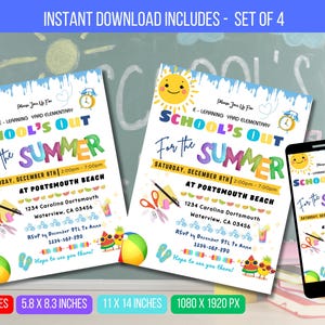 Op de afbeelding: Een set van vier printbare uitnodigingen voor een school's out zomerfeest. De uitnodigingen zijn kleurrijk en bevatten een cartoonzon, schoolbenodigdheden en strandthema-elementen. De tekst op de uitnodigingen luidt "School's Out for the Summer" en bevat details over het feest, zoals de datum, tijd en locatie. De uitnodigingen zijn beschikbaar in vier verschillende formaten: 8,5 x 11 inch, 5,8 x 8,3 inch, 11 x 14 inch en 1080 x 1920 pixels.