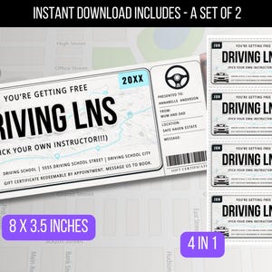 Könnte beinhalten: Geschenkgutscheine für Fahrstunden mit dem Text "You're getting free driving LNS" und "Pick your own instructor!!!". Die Gutscheine sind 20,3 x 8,9 cm groß. Das Bild zeigt "Instant Download Includes - A Set of 2".