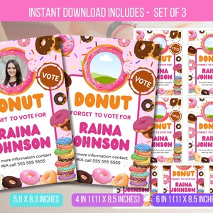 Peut inclure: Ensemble de trois flyers de campagne sur le thème des donuts, roses et blancs. Chaque flyer affiche "DONUT FORGET TO VOTE FOR RAINA JOHNSON". Disponibles en 14,7 x 21,1 cm, 4 en 1 (27,9 x 21,6 cm) et 6 en 1 (27,9 x 21,6 cm).