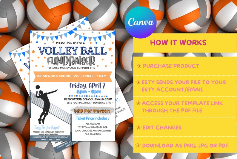 EDITABLE Volleyball Fundraiser Flyer Template, Charity Non Profit Event