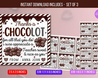 EDITABLE Thanks A Choco-Lot Teacher Appreciation Tag, Chocolate Gift Tag, Thank You Teacher School Staff Tag Template Instant Download
