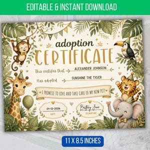 Könnte beinhalten: Eine Adoptionsurkunde mit Dschungel-Thema, mit einem Affen, einer Giraffe, einem Tukan, einem Tiger und einem Elefanten. Die Urkunde enthält den Text "adoption CERTIFICATE" und Felder für den Namen des Adoptierenden, den Namen des Haustiers, das Datum und die Unterschrift. Misst 27,9 x 21,6 cm.