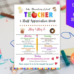 Editable Teacher Appreciation Staff Invitation Family Newsletter, Printable Appreciation Week of Events, Take Home Flyer, INSTANT DOWNLOAD