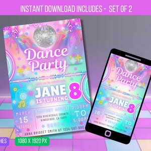 EDITABLE Dance Party Invitation, Neon Dance Party Invitation, Glow Tie Dye Dance Party Neon Glow Disco Dance Party Instant Download