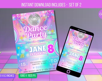 EDITABLE Dance Party Invitation, Neon Dance Party Invitation, Glow Tie Dye Dance Party Neon Glow Disco Dance Party Instant Download