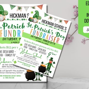 May include: Two printable flyers for a St. Patrick's Day fundraiser at Hickman School. The flyers feature a green leprechaun with a pot of gold and green shamrocks. The text on the flyers reads "St. Patrick's Day Fundraiser" and includes the date, time, and location of the event. Tickets are $15 per person or $25 for two people. The event will feature live Irish music, green beer, food, and family fun.