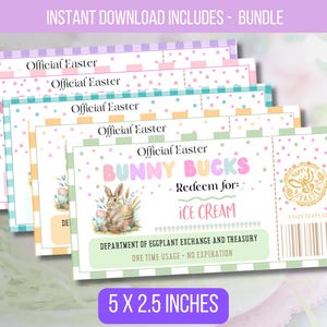 Könnte beinhalten: Ein Satz von fünf druckbaren Oster-Hasen-Gutscheinen, die jeweils 5 x 2,5 Zoll groß sind. Die Gutscheine sind mit Pastellfarben, Punkten und einer Hasenillustration verziert. Der Text auf den Gutscheinen lautet "Official Easter Bunny Bucks Redeem for: Ice Cream Department of Eggplant Exchange and Treasury One Time Usage - No Expiration".