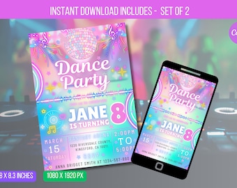 EDITABLE Dance Party Invitation, Neon Dance Party Invitation, Glow Tie Dye Dance Party Neon Glow Disco Dance Party Instant Download