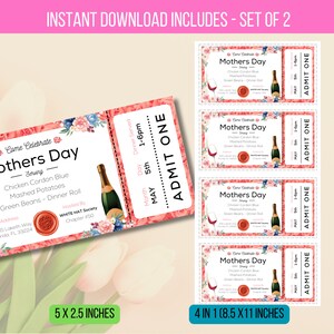 May include: Set of two Mother's Day tickets with floral and champagne bottle illustrations. The tickets include details for a dinner with Chicken Cordon Blue, mashed potatoes, and green beans. The tickets measure 12.7 x 6.35 cm.