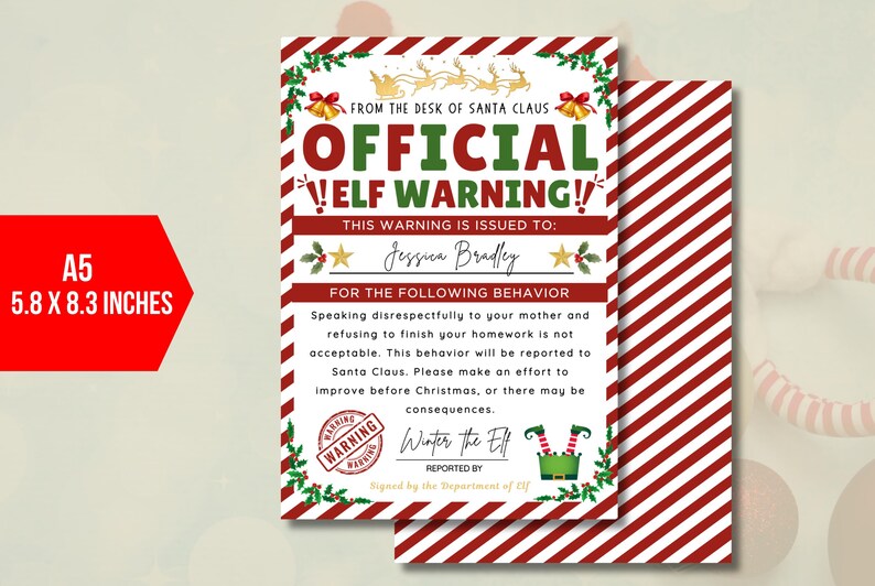 EDITABLE Official Elf Warning Report, Christmas Behavior Report, Elf ...