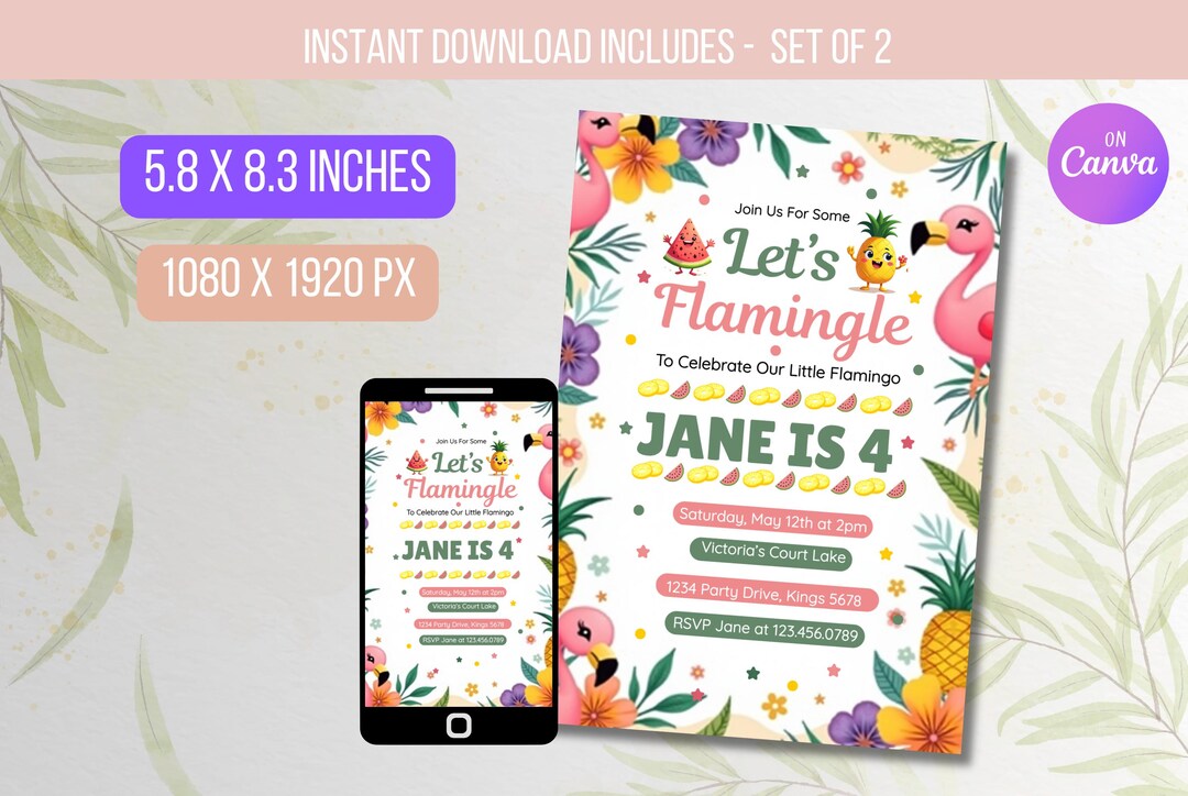 EDITABLE Let’s Flamingle Birthday Invite, Fiesta Tropical Invitation ...