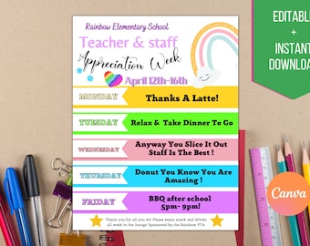 Teacher Staff Appreciation spirit Week Editable  Schedule | Printable DIY Spirit Week | School PTO Monthly Planner Flyer Instant Download