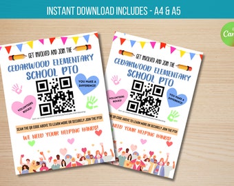 Könnte beinhalten: Ein druckbares Schild mit einem QR-Code für den Förderverein der Cedarwood Elementary School. Das Schild hat ein farbenfrohes Design mit Herzen, Handabdrücken und dem Text "Engagieren Sie sich und werden Sie Mitglied im Förderverein der Cedarwood Elementary School". Das Schild enthält auch den Text "Ehrenamtliche sind spitze!" und "Sie machen den Unterschied!" sowie den Satz "Wir brauchen Ihre helfenden Hände!"