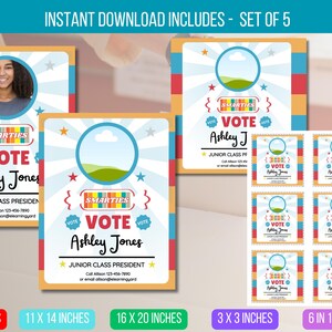 Peut inclure: Un ensemble de cinq pancartes de campagne électorale imprimables avec un design coloré avec un arc-en-ciel, des étoiles et le texte "SMARTIES VOTE Ashley Jones" dans une bannière rouge, blanche et bleue. Les pancartes sont disponibles en cinq tailles différentes : 8,5 x 11 pouces, 11 x 14 pouces, 16 x 20 pouces, 3 x 3 pouces et 6 en 1.