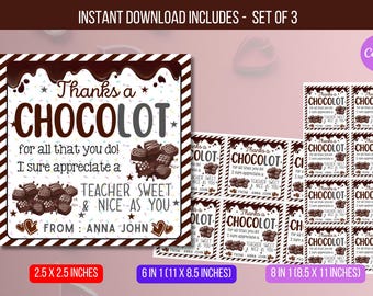 EDITABLE Thanks A Choco-Lot Teacher Appreciation Tag, Chocolate Gift Tag, Thank You Teacher School Staff Tag Template Instant Download