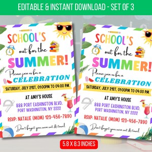 Op de afbeelding: Twee kleurrijke, afdrukbare uitnodigingen voor een zomerfeest. De uitnodigingen bevatten een zon, boeken, een watermeloenpunt, een liniaal, een kompas en een cocktail. De tekst luidt: "School is uit voor de zomer! Doe mee met ons voor een feest. Zaterdag 21 juli, 13:00 uur tot 16:00 uur. Bij Amy. 888 Port Eashingtion Blvd. Port Washington, NY 2222. RSVP: Natalie (Moeder) 123-456-7890. Vergeet je zwemkleding en handdoek niet."