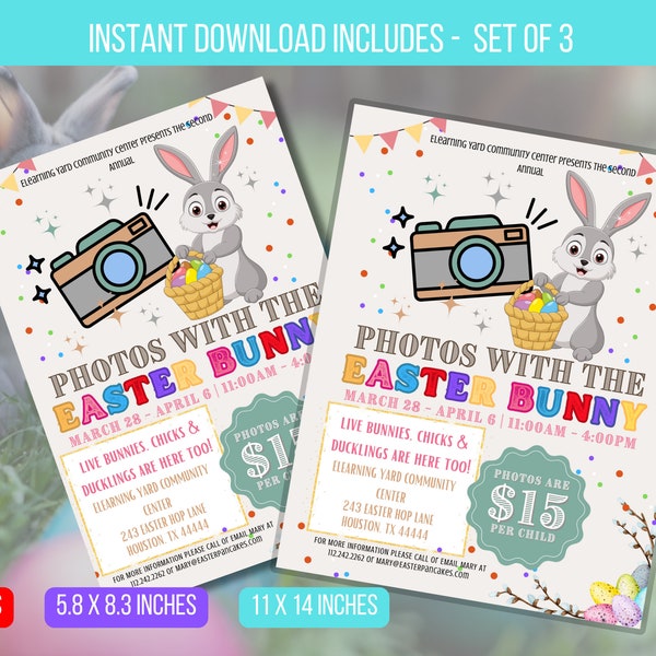 EDITABLE Cute Photos with the Easter Bunny Flyer, Printable Invite School, Church Community Fundraiser, Easter Bunny Event Instant Download
