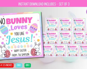 Puede incluir: Un conjunto de 3 etiquetas de regalo de Pascua imprimibles con un conejito sosteniendo un huevo de Pascua y el texto "No bunny loves you like Jesus!" sobre un fondo arcoíris pastel. Las etiquetas miden 3,5 pulgadas por 3,5 pulgadas.