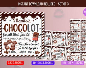 EDITABLE Thanks A Choco-Lot Teacher Appreciation Tag, Chocolate Gift Tag, Thank You Teacher School Staff Tag Template Instant Download