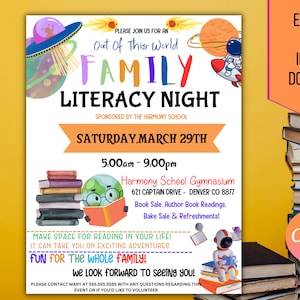 Editable Family Literacy Night Flyer, PTO PTA Reading Book Sale School Flyer, Book Fair School Church Flyer Printable, Digital Printable