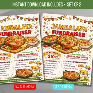May include: Two digital posters advertising a Jambalaya fundraiser. The posters show illustrations of jambalaya in bowls, with text detailing ticket prices, refreshments, and event information. The posters are 21.6 x 27.9 cm and 27.9 x 35.6 cm.
