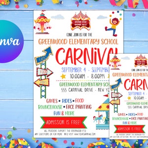 EDITABLE Carnival Flyer, Printable PTA PTO Flyer, School Church Benefit Fundraiser Event Poster, Digital Circus Party Printable Invitation